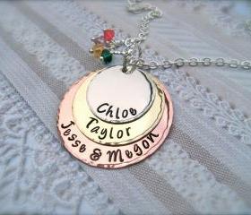 Perfect Mother's Day Gift - Three Disc Hand Stamped Personalized Pendant Necklace with Birthstone Swarovski Crystals