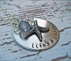 Hand Stamped Personalized Pendant - LIFE'S A BEACH - Necklace